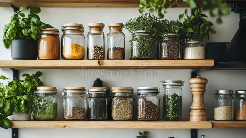 Detailed shot of spice jars and herbs for cooking class setup, organized shelves. stock photography