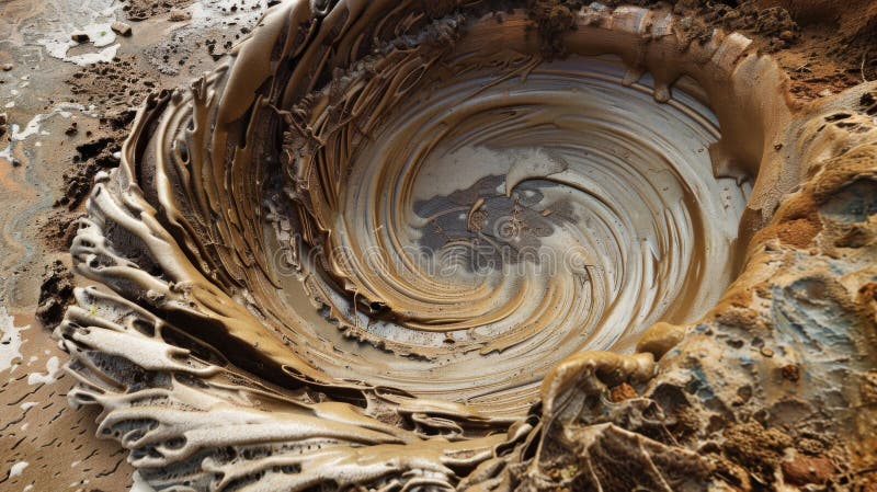 A detailed shot of the swirling patterns of sand and debris at the bottom of a sinkhole evidence of its constant erosion. AI generated