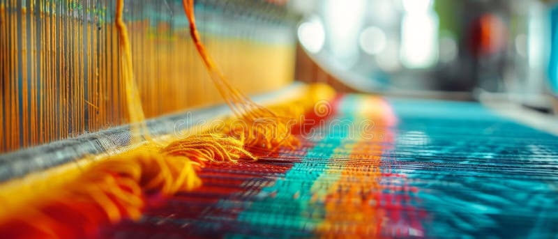 A detailed snapshot of the warp and weft in a weaving process, capturing the interplay of colors and the texture of the materials AI generated