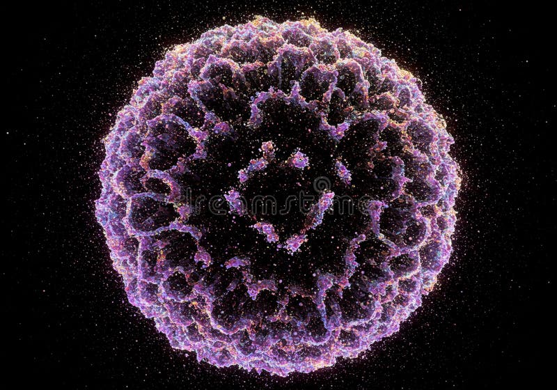A detailed, spherical digital rendering resembling a complex, textured structure with stock illustration