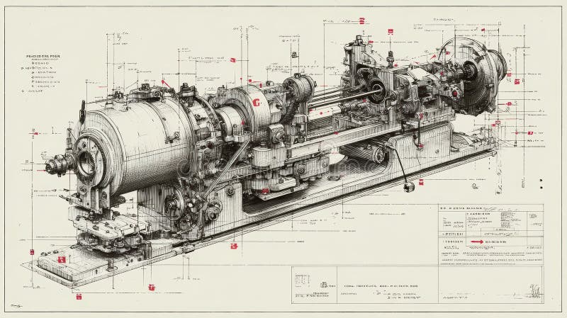 Detailed Technical Blueprint of Precision Machining Equipment stock illustration