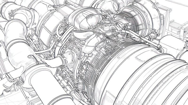 Jet Engine Blueprint, Machine Parts, Detailed Technical Drawing, Engineering