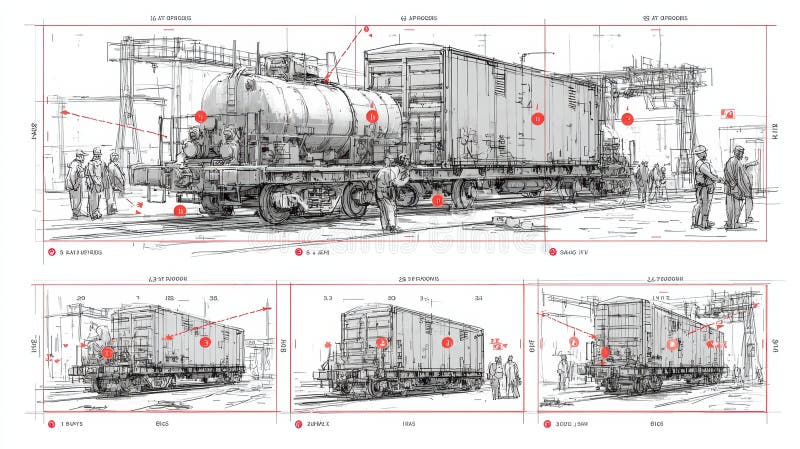 Detailed Technical Drawing of Freight Train Car Design Concept vector illustration