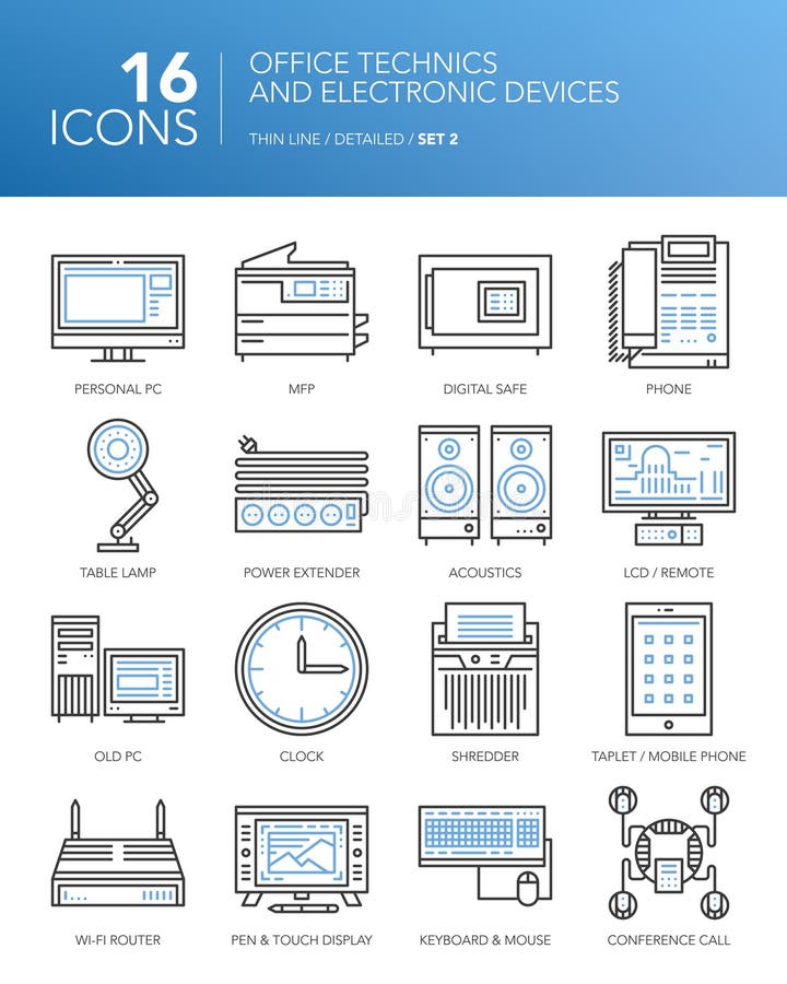 Detailed thin line icons. Office technics and electronic devices.