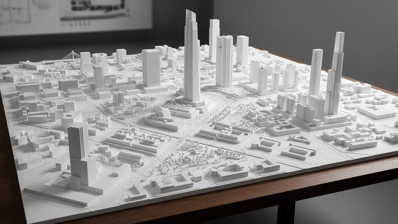 Detailed Urban Architectural Model Displayed on Table in Modern Setting stock illustration