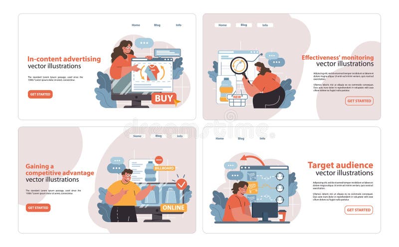 These detailed vector illustrations effectively encapsulate key native advertising concepts. royalty free illustration