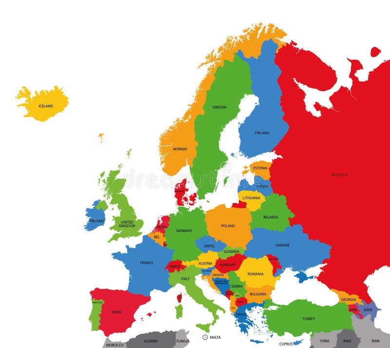 Colored vector illustration of a detailed political map of Europe. Flag malta vector vectors