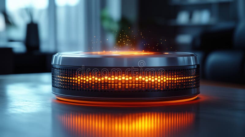Close-up of an AI smart device projecting glowing holograms in an indoor setting royalty free stock photography