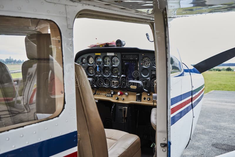 Closeup Of A Cockpit Of Cessna Skyhawk 172 Airplane With Two