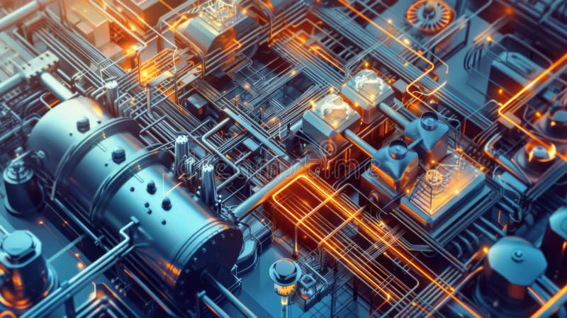 Detailed Close Up of Machine With Numerous Pipes. A detailed view of a complex machine with a network of interconnected pipes. AI generated