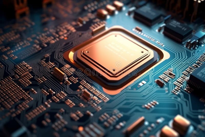 Detailed view, Computer processor embedded in motherboard up close. vector illustration