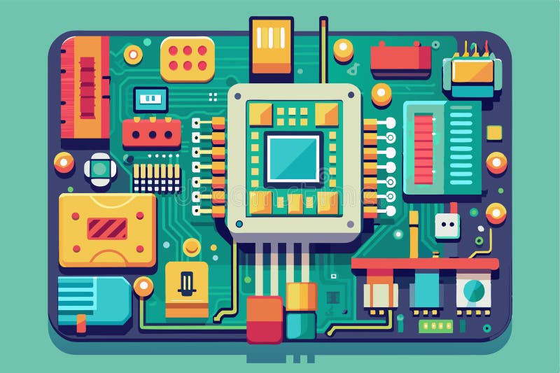 A detailed view of a customizable flat printed circuit board with colorful electronic components, Printed circuit board vector illustration