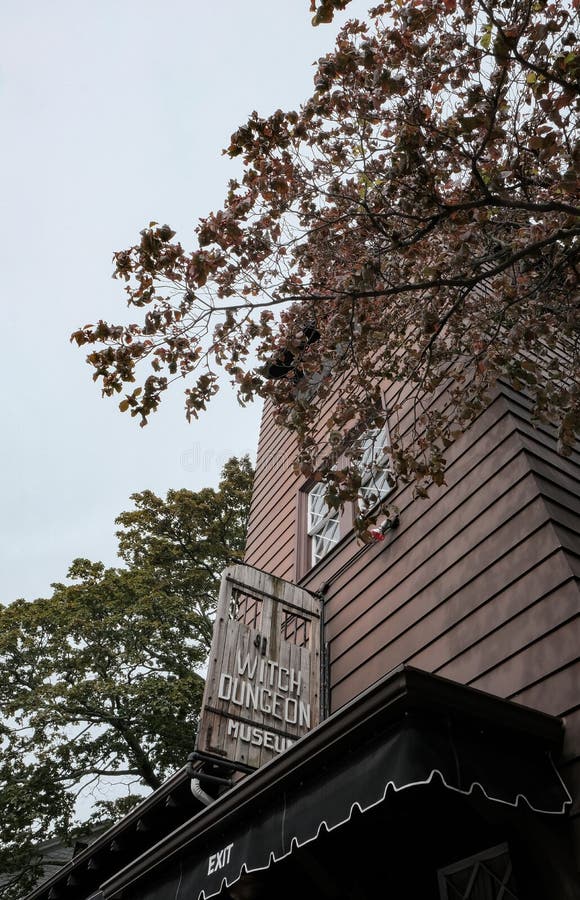 Detailed view of the entrance to a popular witch trial museum in Salem, MA.