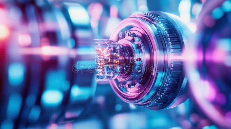A detailed view of a high-tech laser engine reveals complex components emitting vibrant light royalty free stock images
