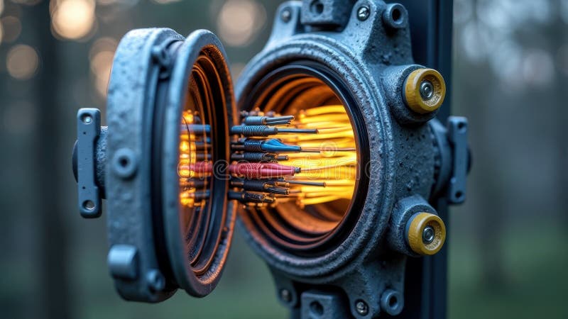 Detailed view of high-voltage electrical connectors and wiring with glowing lights royalty free stock photos