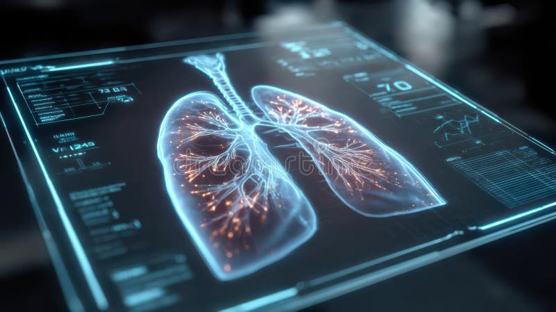 Illustrating human lungs with glowing pathways, showcasing vital data on respiratory health and functions, blending technology with biology. Artificial intelligence lungs stock images, royalty-free photos and pictures