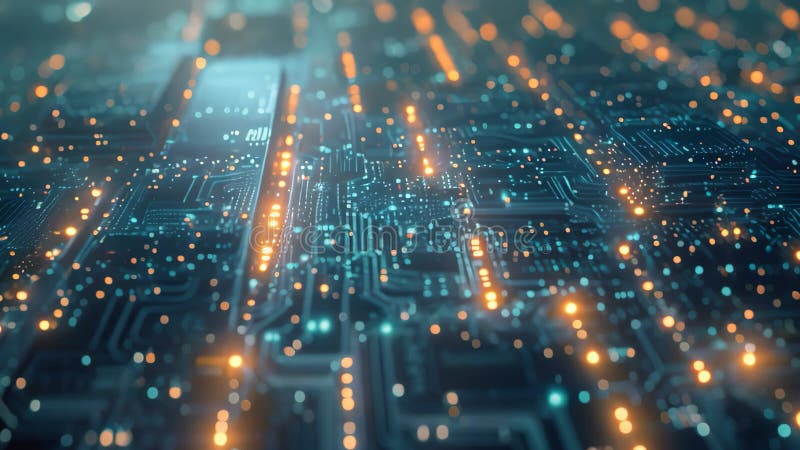 A detailed view of the intricate patterns and components of a computer circuit board, Representation of data storage using royalty free illustration