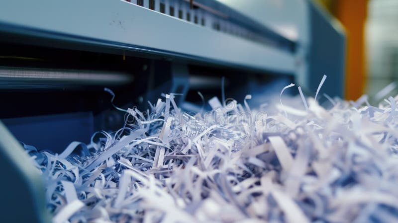 A detailed view of a machine cutting shredded paper. This image can be used to showcase document security, data royalty free stock images