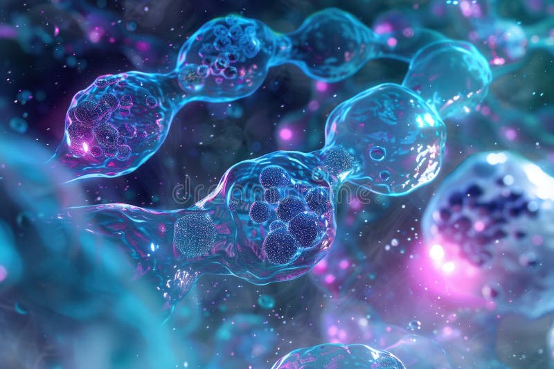 A detailed view showcases cellular structures with distinct nuclei and spiraling DNA strands, highlighting the complexity of cellular division activity. Code division stock images, royalty-free photos and pictures