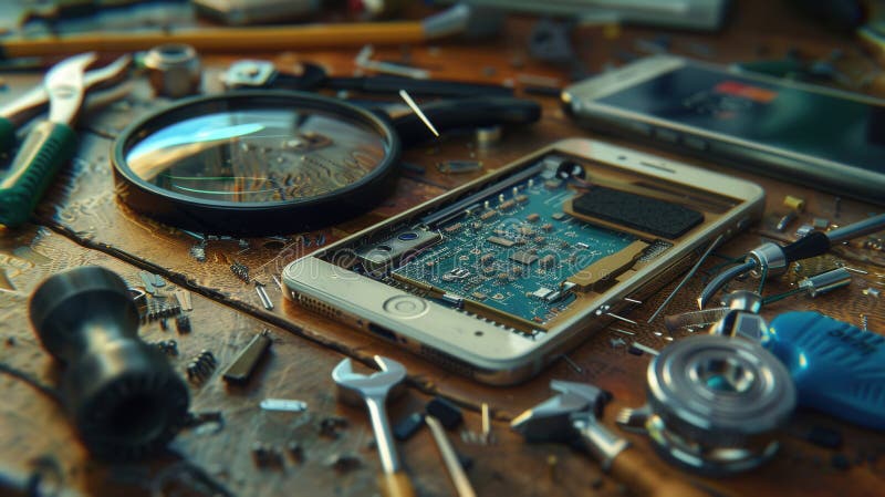 Close-up of a workbench with tools and a disassembled smartphone for detailed repair tasks Generative AI stock photo