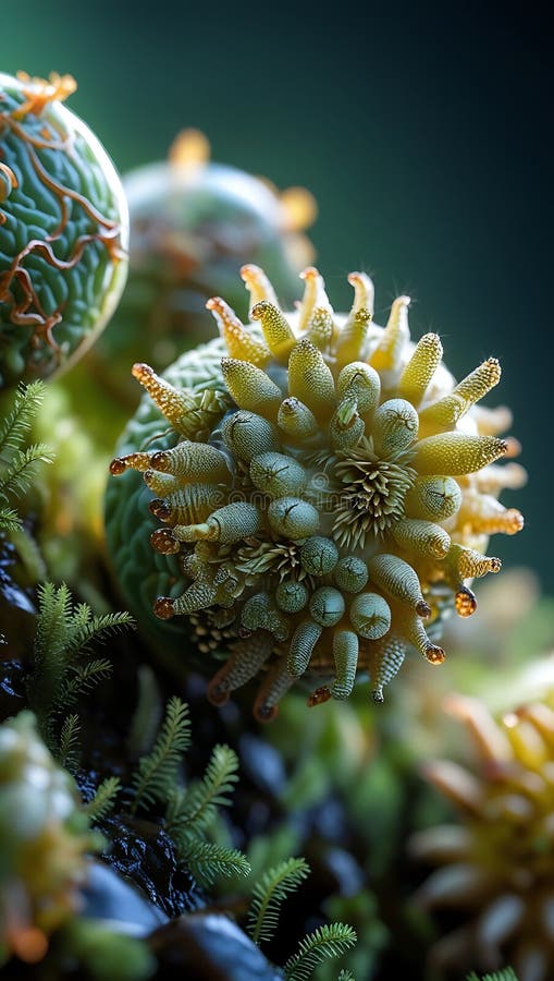 Detailed view of a vibrant moss landscape featuring various moss species stock image