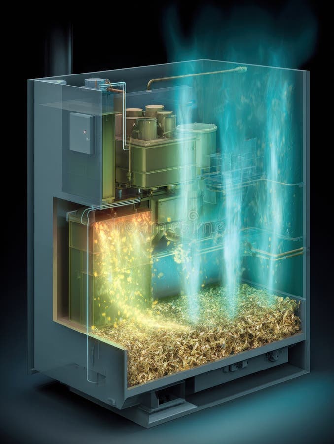 A cutaway view revealing the inner workings of a biomass energy generator, displaying combustion flames, steam, and fuel movement within the system. Generator cutaway stock images, royalty-free photos and pictures