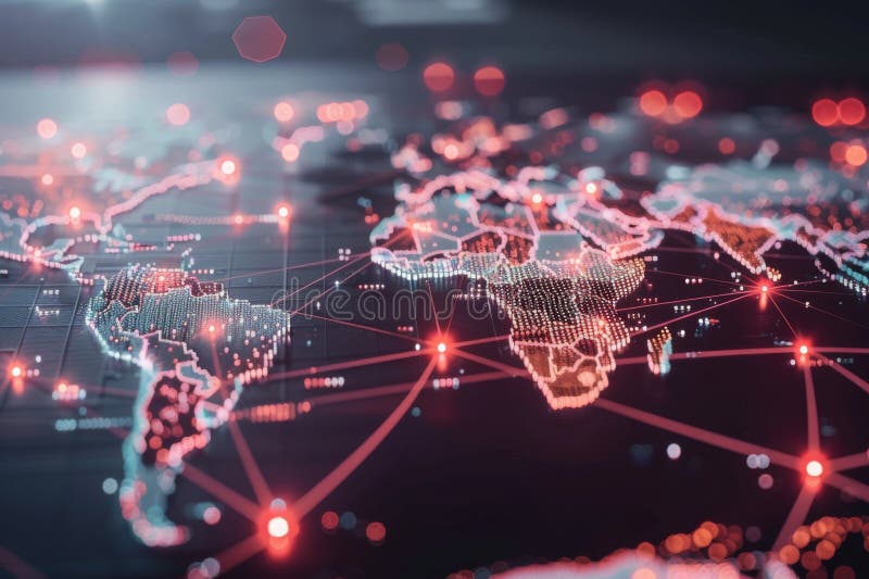 Detailed visualization of a digital world map highlighting global connectivity and data flow in vibrant neon lights vector illustration