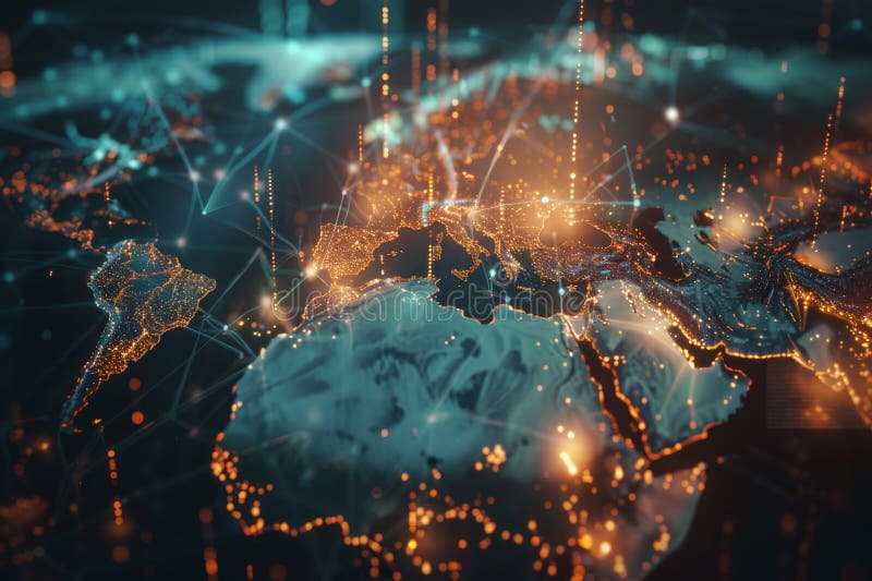 Detailed visualization of a digital world map highlighting global connectivity and data flow in vibrant neon lights royalty free illustration