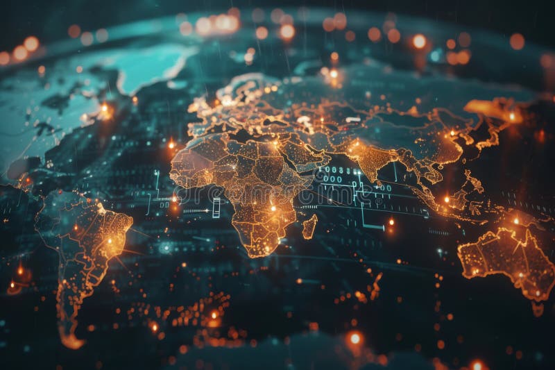 Detailed visualization of a digital world map highlighting global connectivity and data flow in vibrant neon lights vector illustration