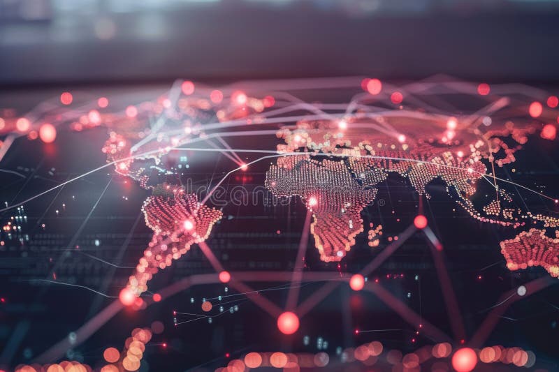 Detailed visualization of a digital world map highlighting global connectivity and data flow in vibrant neon lights royalty free illustration