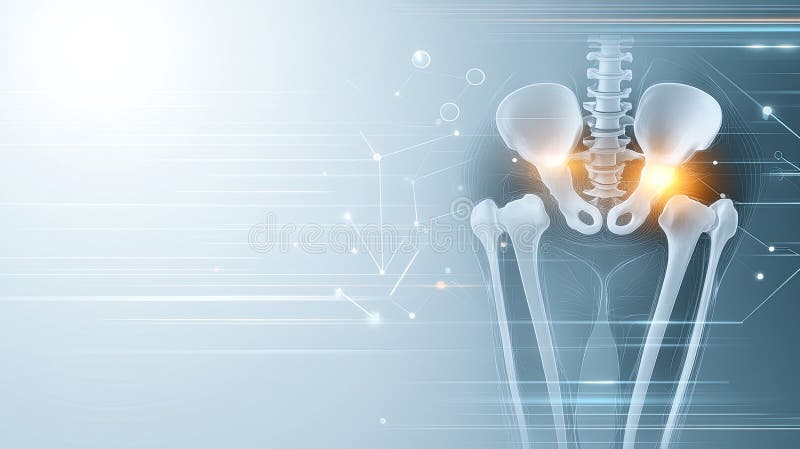 Detailed visualization of a hip joint highlighting orthopedic features in vibrant orange and blue against a dark royalty free illustration