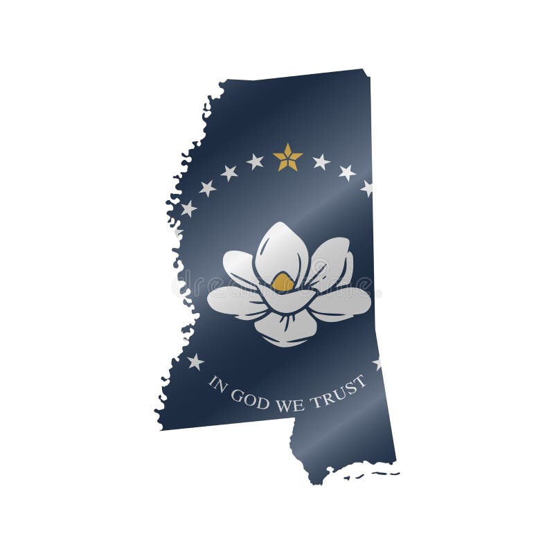 Waving flag map of Mississippi. New magnolia flag. Vector illustration