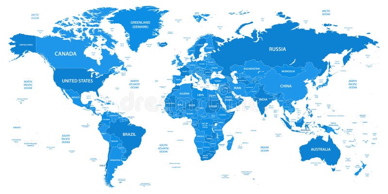 Detailed world map with borders, countries, water objects. Vector illustration