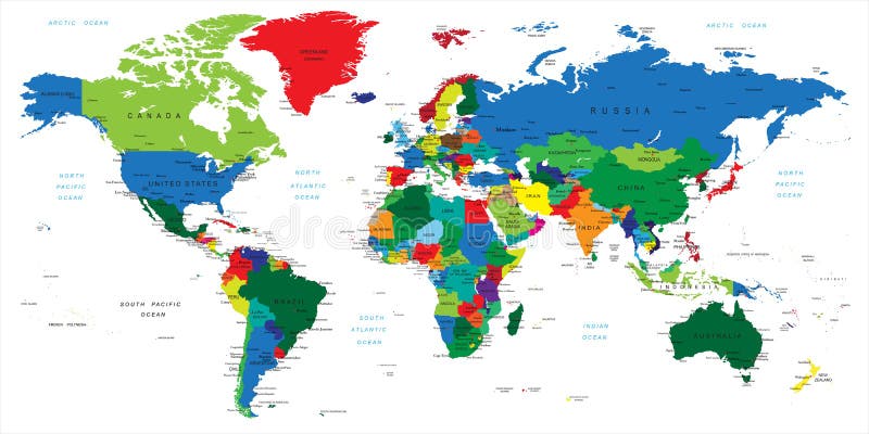 Podrobná mapa světa se zeměmi, velkých měst a dalších značek.