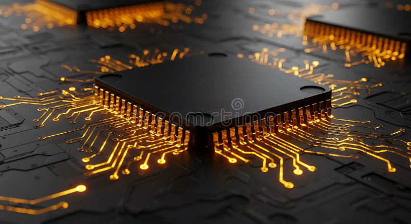 Detaillierte Ansicht eines schwarzen Mikrochips auf einer dunklen Platine. Goldfarbe lizenzfreie abbildung