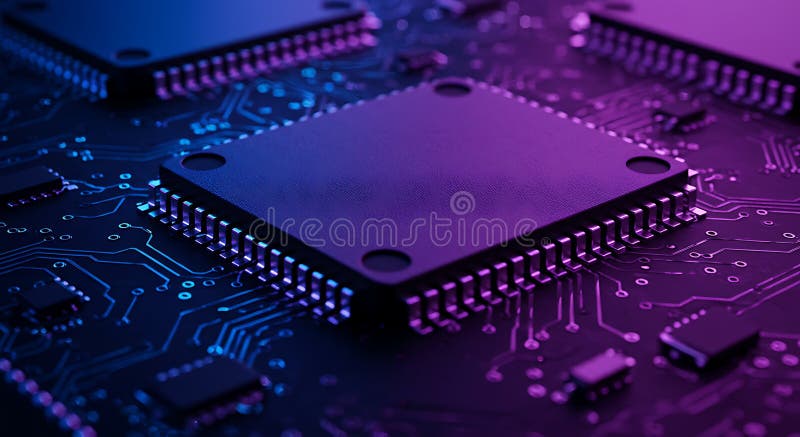 Detaillierte Darstellung eines Mikrochips auf einer Platine mit einem großen Quadrat-Chip bei vektor abbildung