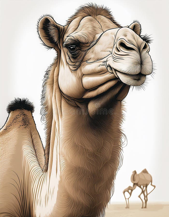 Detaillierte Kamelvektordarstellung in Erdfarben. Ein Kamel, das in einer Vektorgrafik dargestellt ist, auf weißem Hintergrund steht. Die Illustration zeigt erdige Farben mit Vignettierungen und hoher Auflösung. Das Kamel ist in dunkelweißen und hellbeigen Tönen gehalten, was die natürliche Symbolik unterstreicht. Das Bild weist auch eine hohe Schattierung auf, die der Abbildung Tiefe und Dimension verleiht. ai generiert