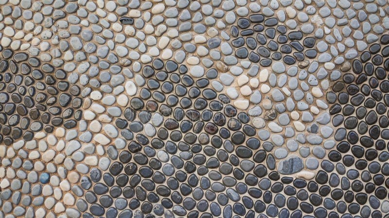 Detaillierte Kies-Textur mit graublauem und beigefarbenem Mosaikhintergrund. Das Bild zeigt ein detailliertes Muster aus Kiesstein, das eine elegante Anordnung graublau und beige Naturgesteine zeigt und einen rustikalen mosaikischen Hintergrund schafft. Die Schwankungen der glatten und ungleichen Oberflächen der kleinen Steine verleihen dem Design Tiefe und Charakter, wodurch es sich ideal für dekorative Bodenmuster oder Pflaster eignet.. diese abstrakte Darstellung mithilfe der ai erstellt wird.