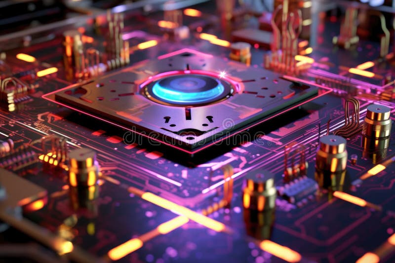 Detaillierte Makroaufnahme des Quanten-Computing-Motherboards stock abbildung