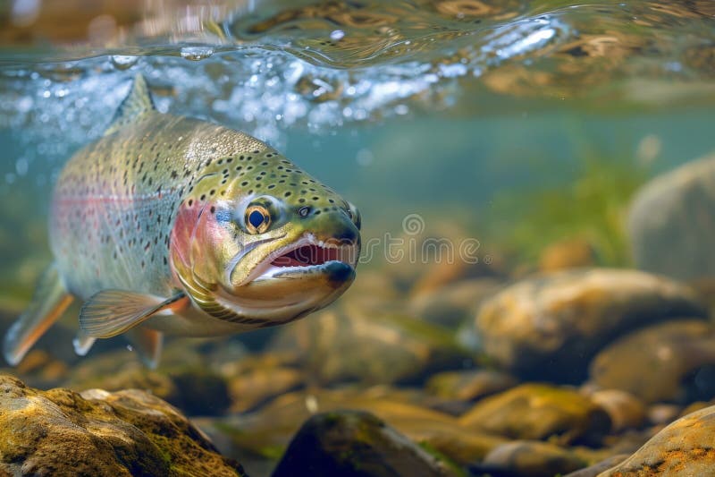 Detaillierte Nahaufnahme einer lebendigen Regenbogenforelle, die unter Wasser schwimmt und ihre farbenfrohe Waage und ihre natürli stockbilder