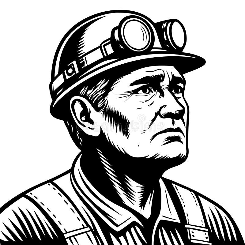 Detailliertes Schwarz-Weiß-Portrait eines bestimmten Miners mit Scheinwerfer für Tattoo und Print Design lizenzfreie abbildung