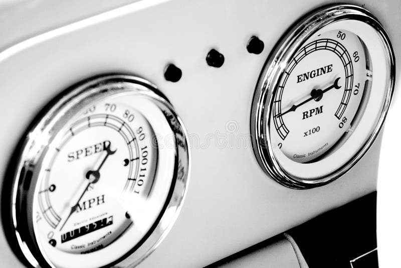 Odometer and tachometer of an antique car