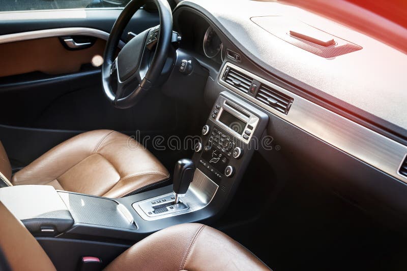 Details of Car Interior, Brown Saloon with Leather Seats Stock Image