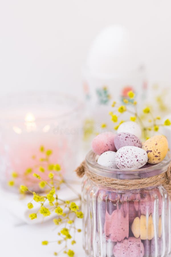 Details of Festive Easter Table Setting, Chocolate Candy Easter Eggs in