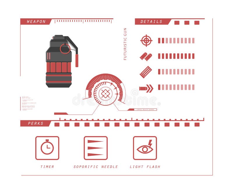 Details of gun: grenade. Game perks. Virtual reality weapon