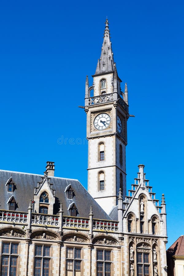 Details of old Post Office building with the clock tower, Ghent, Belgium