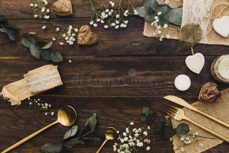 Details of a rustic wedding over wooden background. Flat Lay, Top View