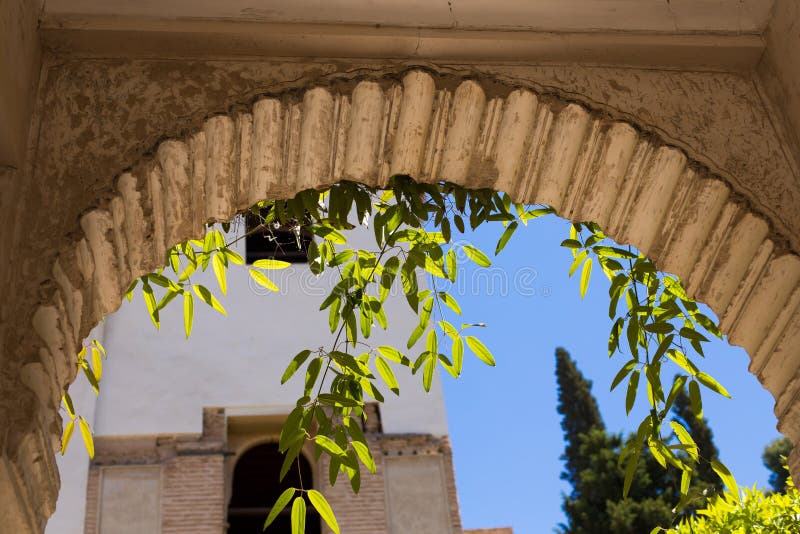 Details van de boog van de Generalife-binnenplaats met zijn beroemde fontein en tuin Complex Alhambra de Granada royalty-vrije stock foto's Details van de boog van de Generalife-binnenplaats met zijn beroemde fontein en tuin Complex Alhambra de Granada royalty-vrije stock foto's