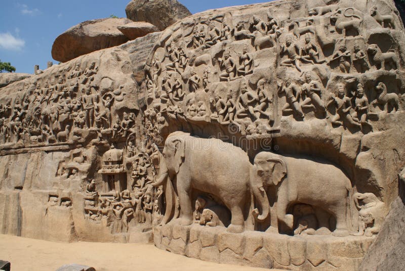 Detalhes de descida do Ganges em Mahabalipuram, Índia imagem de stock Detalhes de descida do Ganges em Mahabalipuram, Índia imagem de stock