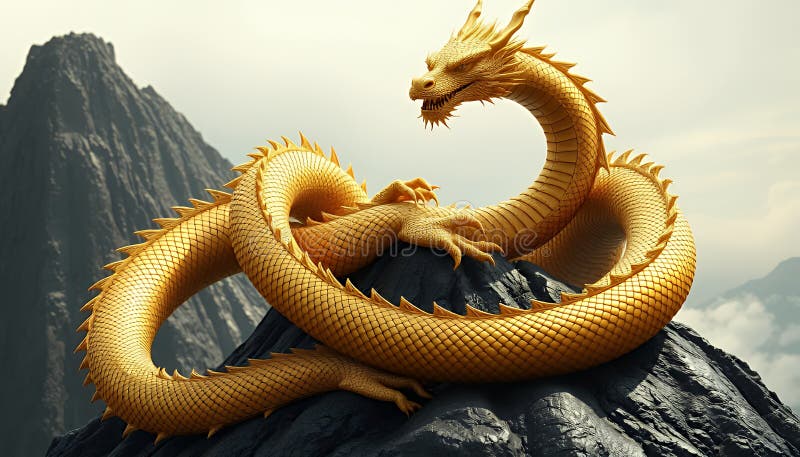 Detaliat Dragon de aur Sculptura încolăcit pe un vârf de munte stâncos cu fundal cețos textura fină accentuând arta maiestuoasă royalty free illustration
